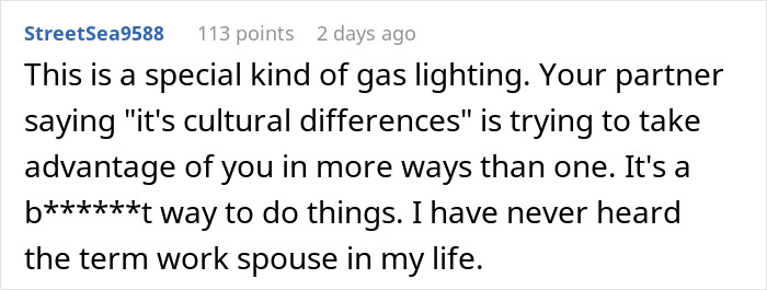 Text comment on work spouse concept being a form of gaslighting. Text comment on work spouse concept being a form of gaslighting.