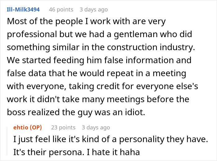 Reddit comment discussing karma and coworkers taking credit for others' work in a construction setting. Reddit comment discussing karma and coworkers taking credit for others' work in a construction setting.