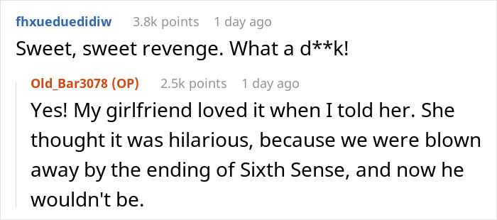 Reddit comments discussing moviegoer's entitled behavior and sharing spoilers for revenge. Reddit comments discussing moviegoer's entitled behavior and sharing spoilers for revenge.
