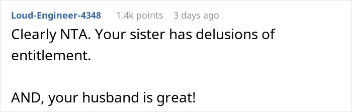 Reddit comment about sister's entitlement and husband's fortune. Reddit comment about sister's entitlement and husband's fortune.