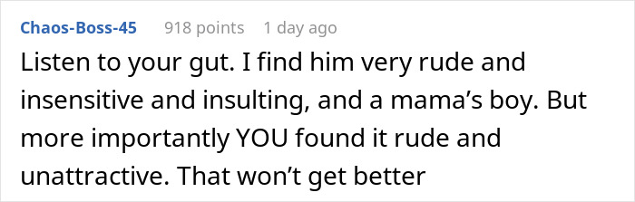 Comment on partner's behavior towards Hispanic cooking, advising to trust instincts. Comment on partner's behavior towards Hispanic cooking, advising to trust instincts.