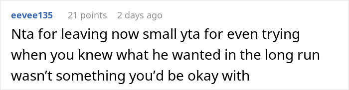 User comment discussing relationship and decision to leave. User comment discussing relationship and decision to leave.
