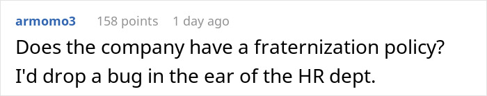 Comment discussing fraternization policy and HR, related to a photo of a partner and work spouse in a sauna. Comment discussing fraternization policy and HR, related to a photo of a partner and work spouse in a sauna.