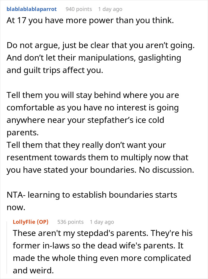 Reddit comment discusses establishing personal boundaries with stepfamily dynamics. Reddit comment discusses establishing personal boundaries with stepfamily dynamics.