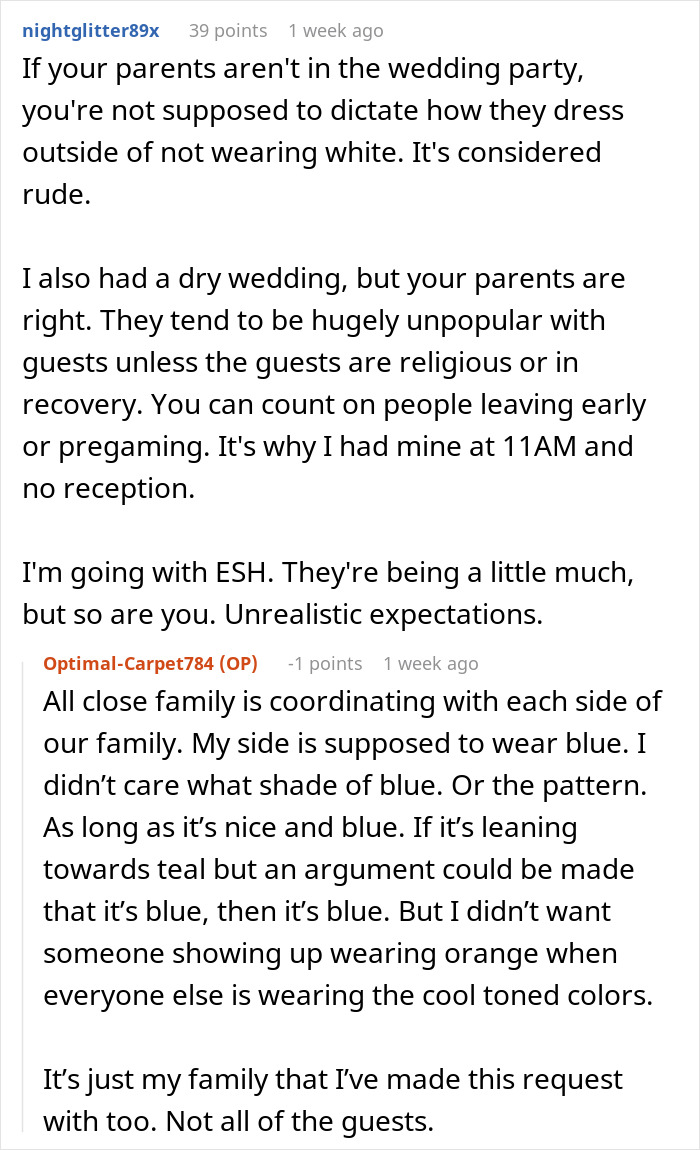 Reddit thread discussion on groom disinviting parents over dry wedding disagreement. Reddit thread discussion on groom disinviting parents over dry wedding disagreement.