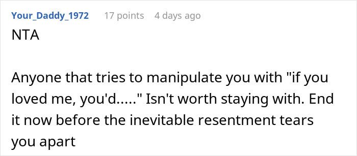 Reddit comment discussing refusal of giving up a promotion, emphasizing manipulation and relationship advice. Reddit comment discussing refusal of giving up a promotion, emphasizing manipulation and relationship advice.