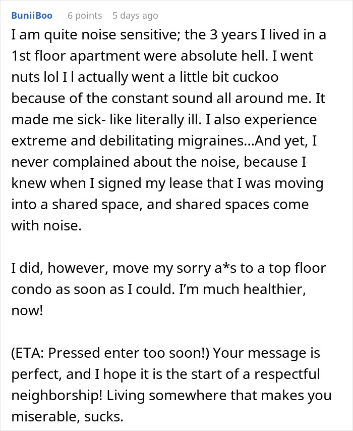 Text post about noise sensitivity and moving to a condo; mentions shared spaces and respectful neighbor relationships. Text post about noise sensitivity and moving to a condo; mentions shared spaces and respectful neighbor relationships.