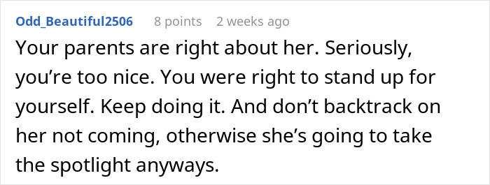 Reddit comment advising against letting a friend take spotlight at a wedding engagement. Reddit comment advising against letting a friend take spotlight at a wedding engagement.