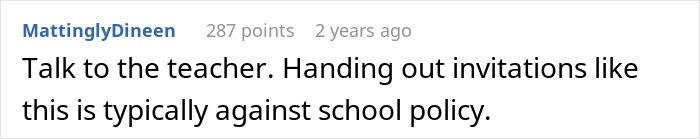 Reddit comment suggesting to talk to the teacher about invitation exclusion policies in schools. Reddit comment suggesting to talk to the teacher about invitation exclusion policies in schools.