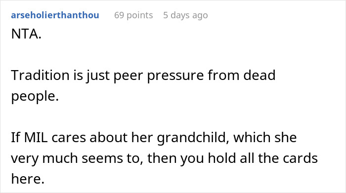 Text comment discussing tradition and family influence, mentioning MIL's concern for grandchild. Text comment discussing tradition and family influence, mentioning MIL's concern for grandchild.