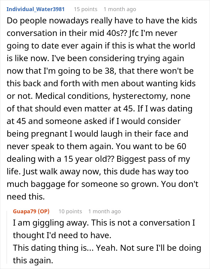 Reddit comments discussing a breakup over wanting kids, with users sharing thoughts on dating challenges. Reddit comments discussing a breakup over wanting kids, with users sharing thoughts on dating challenges.