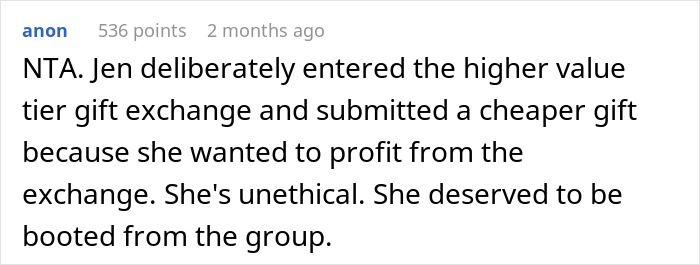 Comment discussing expulsion from a group after unethical actions in a gift exchange. Comment discussing expulsion from a group after unethical actions in a gift exchange.