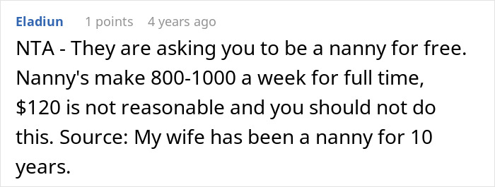 Reddit comment discussing fair nanny wages compared to low babysitting payment request. Reddit comment discussing fair nanny wages compared to low babysitting payment request.