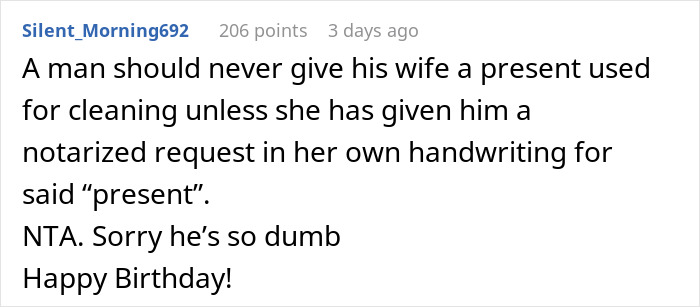 Comment humorously discussing husband gifting vacuum to wife. Comment humorously discussing husband gifting vacuum to wife.
