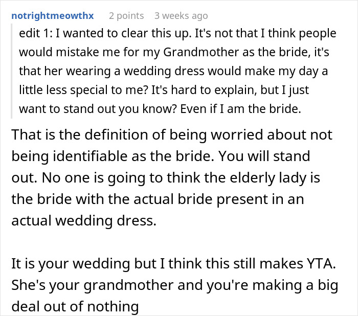 Text exchange discussing a bride's concern over her grandmother wearing white at her wedding. Text exchange discussing a bride's concern over her grandmother wearing white at her wedding.