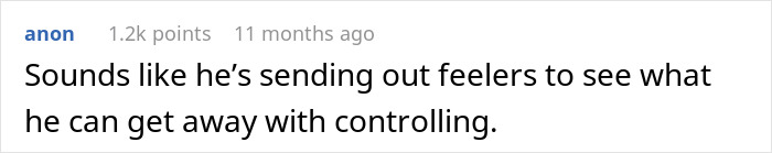 Comment discussing control in relationships related to refusal of wine due to family genetics and alcoholism concerns. Comment discussing control in relationships related to refusal of wine due to family genetics and alcoholism concerns.