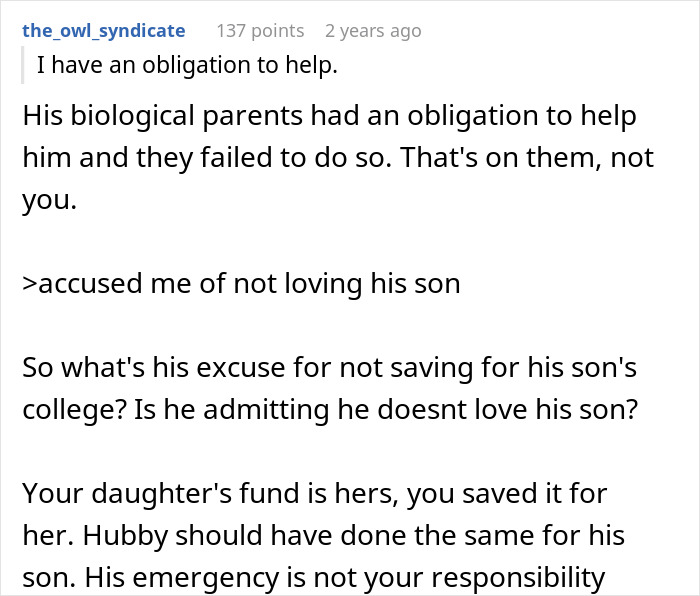 Text conversation discussing accusation of wife not loving husband's son over college fund refusal. Text conversation discussing accusation of wife not loving husband's son over college fund refusal.