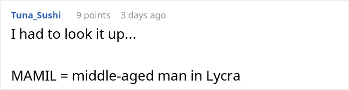 Text exchange about MAMIL, defining it as middle-aged man in Lycra. Text exchange about MAMIL, defining it as middle-aged man in Lycra.