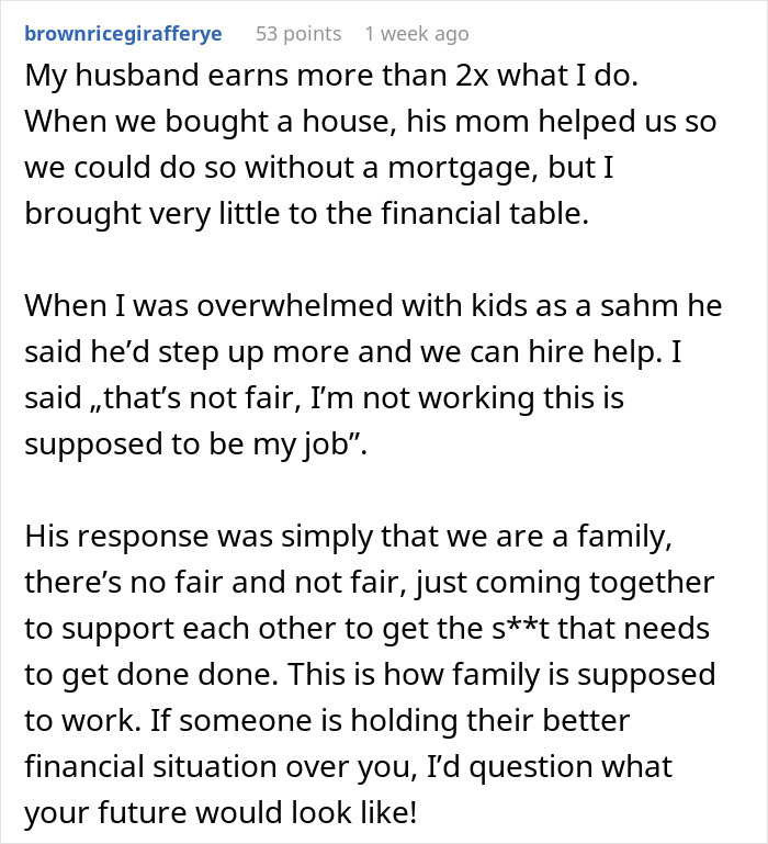 Text exchange discussing financial imbalance and support between partners. Text exchange discussing financial imbalance and support between partners.