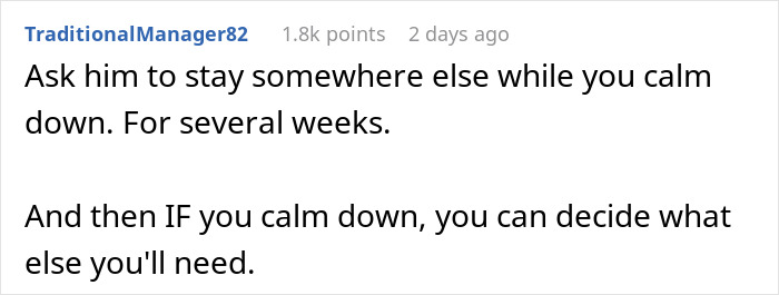 Comment advising a wife to ask her husband to stay elsewhere after a prank gone wrong. Comment advising a wife to ask her husband to stay elsewhere after a prank gone wrong.