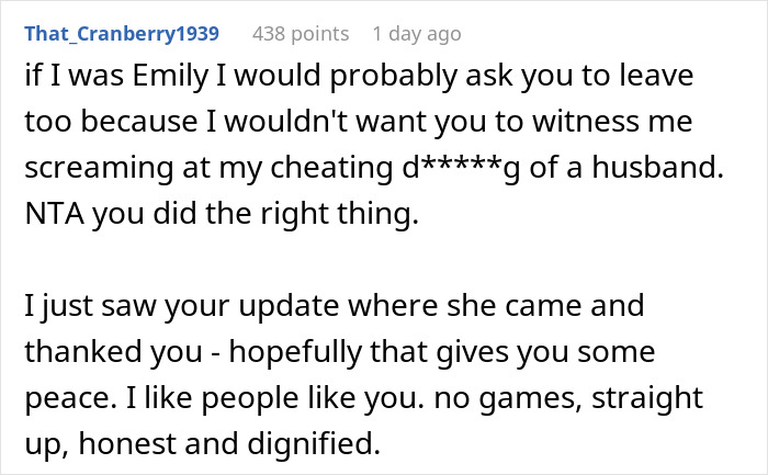 Reddit comment on someone's decision about neighbor's cheating husband. Reddit comment on someone's decision about neighbor's cheating husband.