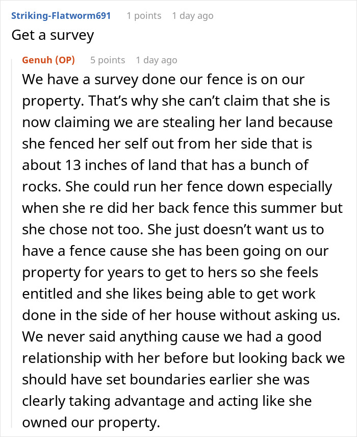 Reddit user discusses neighbor dispute over fence plans, mentioning survey and land boundaries regarding OCD behavior. Reddit user discusses neighbor dispute over fence plans, mentioning survey and land boundaries regarding OCD behavior.