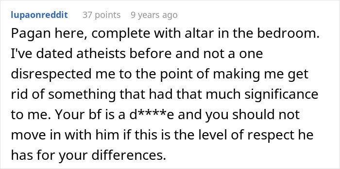 Reddit comment discussing relationship respect and the conflict between religion and personal choices. Reddit comment discussing relationship respect and the conflict between religion and personal choices.
