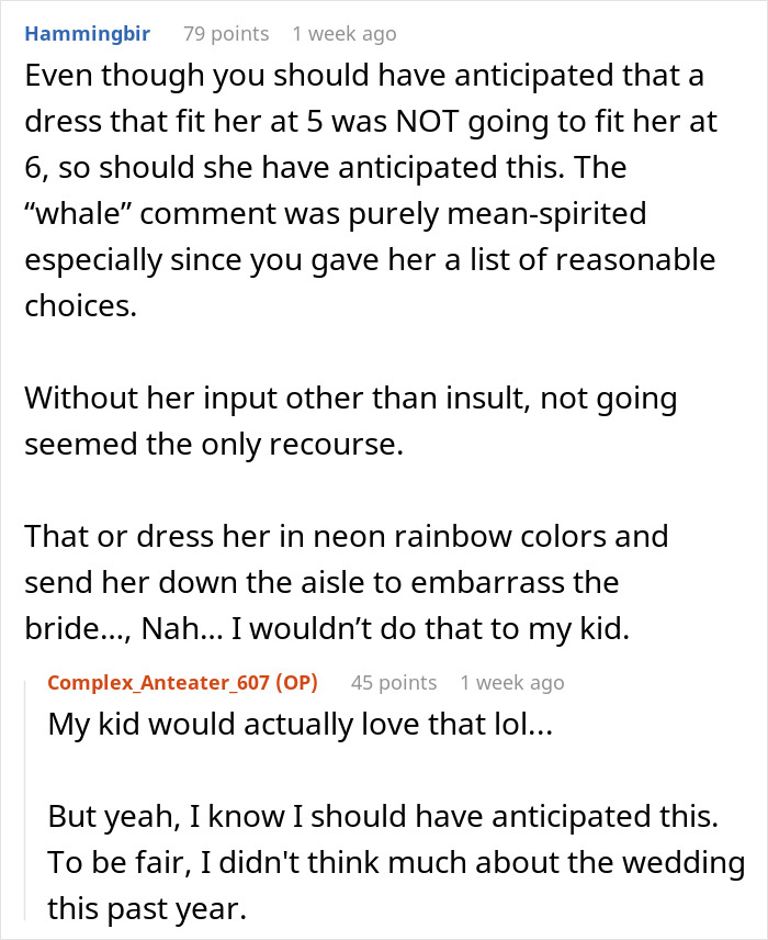 Reddit comments discussing reasons for skipping a friend's wedding, mentioning a dress not fitting. Reddit comments discussing reasons for skipping a friend's wedding, mentioning a dress not fitting.