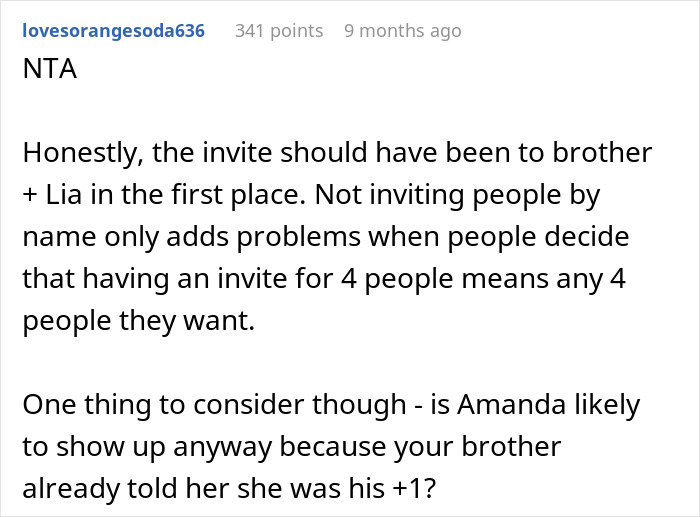 Reddit comment discussing wedding invite issue with brother's unexpected +1 choice. Reddit comment discussing wedding invite issue with brother's unexpected +1 choice.