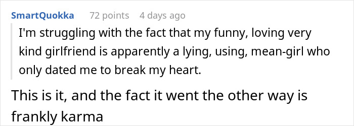 Text from a boyfriend learning his love story was a mean-girl bet, feeling betrayed yet accepting karma. Text from a boyfriend learning his love story was a mean-girl bet, feeling betrayed yet accepting karma.
