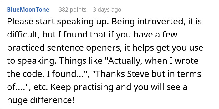 Text advice on introversion, encouraging speaking up with sentence openers after dealing with a coworker stealing work. Text advice on introversion, encouraging speaking up with sentence openers after dealing with a coworker stealing work.