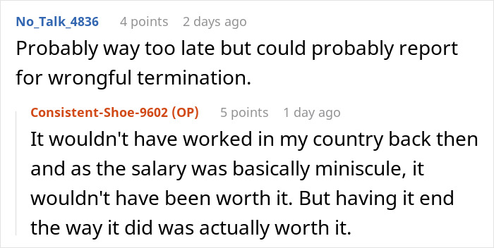 Text exchange on wrongful termination, discussing malicious compliance and job satisfaction. Text exchange on wrongful termination, discussing malicious compliance and job satisfaction.