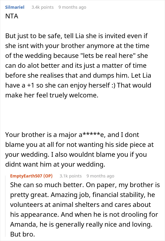 Reddit comments discussing bride's brother choosing his female BFF as +1 over his girlfriend for a wedding. Reddit comments discussing bride's brother choosing his female BFF as +1 over his girlfriend for a wedding.