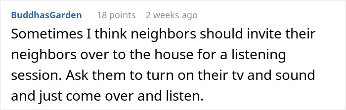Comment about noisy neighbors treating a building like a nightclub, suggesting a listening session. Comment about noisy neighbors treating a building like a nightclub, suggesting a listening session.