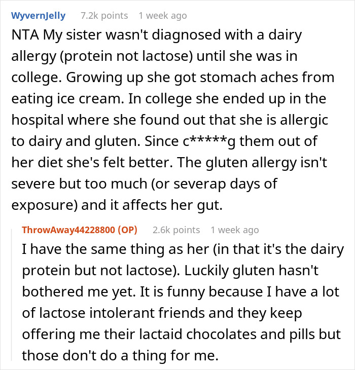 Reddit conversation about allergies involving a college dairy allergy diagnosis and lactose intolerance. Reddit conversation about allergies involving a college dairy allergy diagnosis and lactose intolerance.