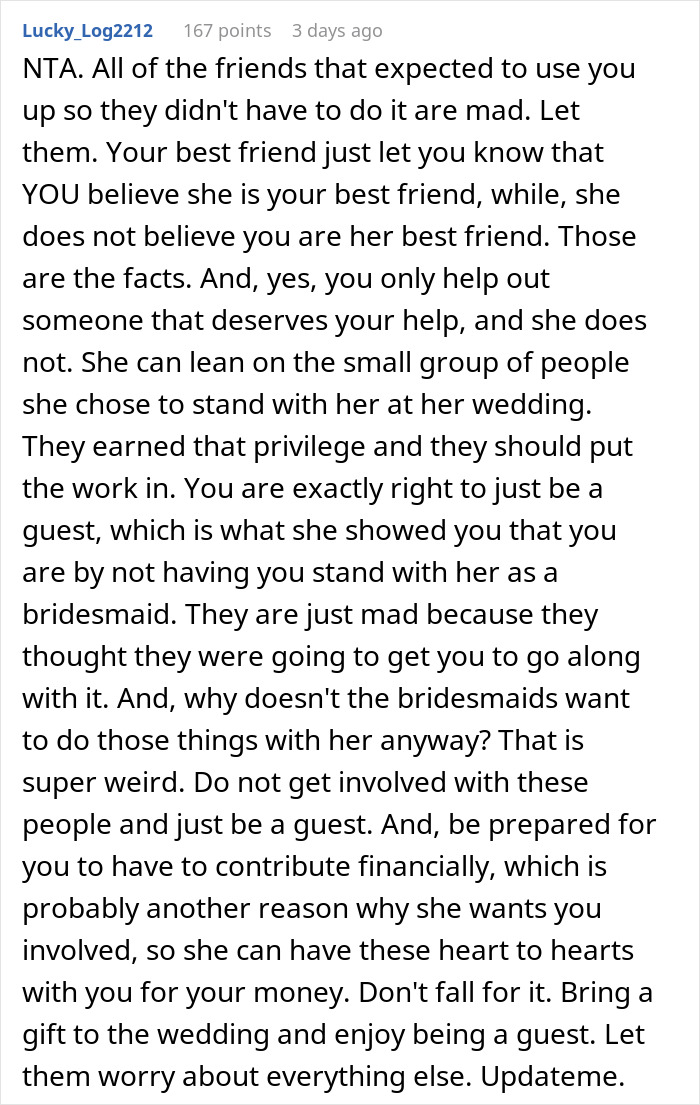 Text discussing refusal to help with a wedding due to not being made a bridesmaid. Text discussing refusal to help with a wedding due to not being made a bridesmaid.