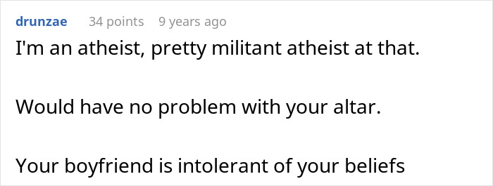 Reddit comment about boyfriend's intolerance towards girlfriend's religious beliefs. Reddit comment about boyfriend's intolerance towards girlfriend's religious beliefs.