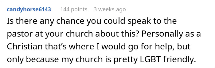 Comment discussing church support for LGBT Christians. Comment discussing church support for LGBT Christians.