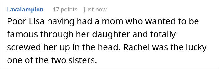 Comment on mom trying to use influencer daughter for fame, referencing sisters Lisa and Rachel. Comment on mom trying to use influencer daughter for fame, referencing sisters Lisa and Rachel.