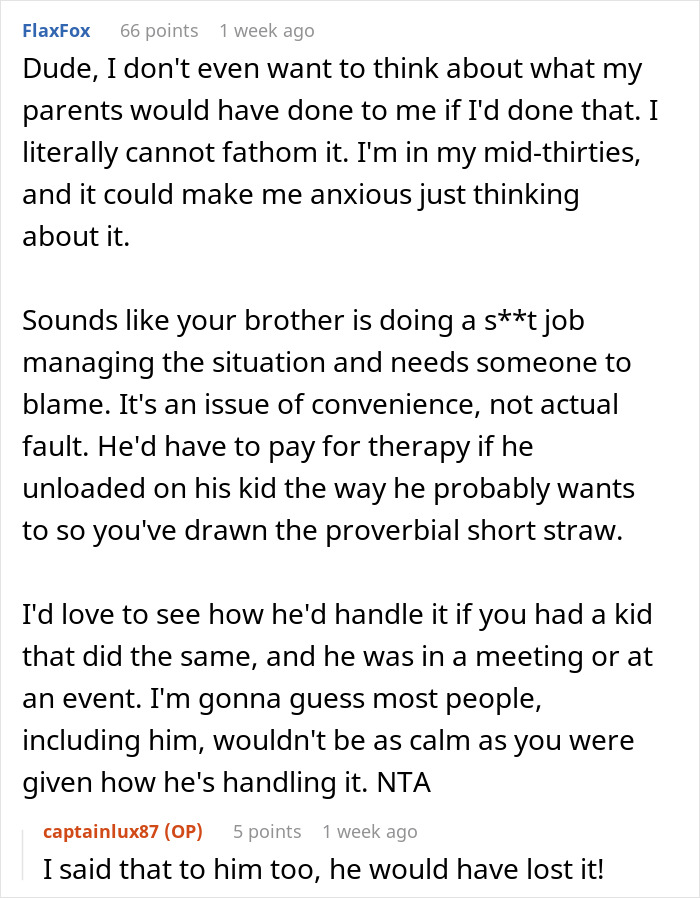 Reddit comment discussing a brother's poor job disciplining his son, sister steps in. Accusations of being a bad aunt arise. Reddit comment discussing a brother's poor job disciplining his son, sister steps in. Accusations of being a bad aunt arise.