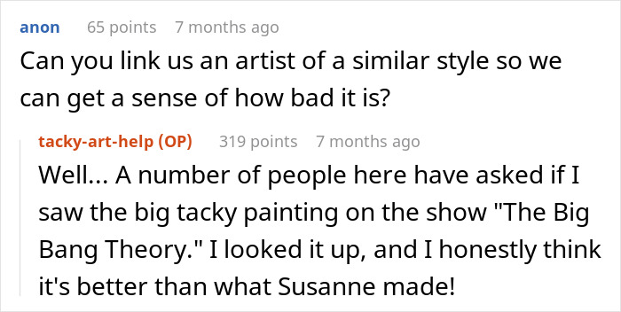 Comments discussing a woman's paintings compared to art on a TV show, with mixed opinions. Comments discussing a woman's paintings compared to art on a TV show, with mixed opinions.
