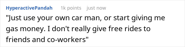 Text exchange about free rides among coworkers, highlighting issues with sharing transportation and asking for gas money. Text exchange about free rides among coworkers, highlighting issues with sharing transportation and asking for gas money.
