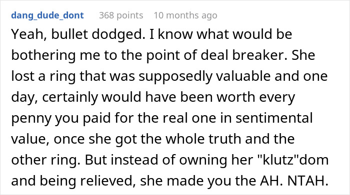 Text screenshot discussing a ring swap, ending engagement due to fiancée's reaction. Text screenshot discussing a ring swap, ending engagement due to fiancée's reaction.