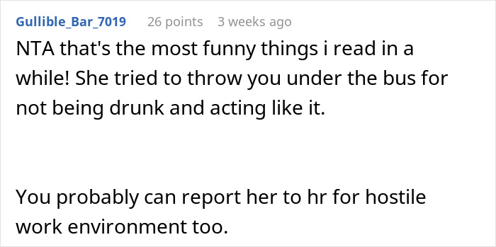 Reddit comment about angry coworker at a work party, mentioning a hostile work environment. Reddit comment about angry coworker at a work party, mentioning a hostile work environment.