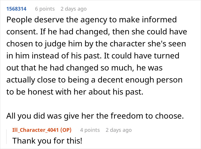 Comment discussing woman's choice to reveal ex's criminal record to his pregnant wife. Comment discussing woman's choice to reveal ex's criminal record to his pregnant wife.