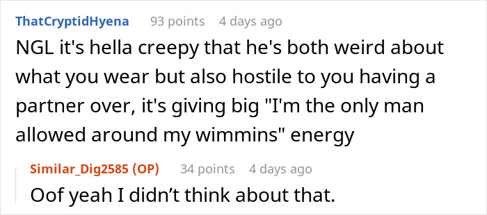 Reddit comment discusses stepdad's control issues in a woman's house. Reddit comment discusses stepdad's control issues in a woman's house.