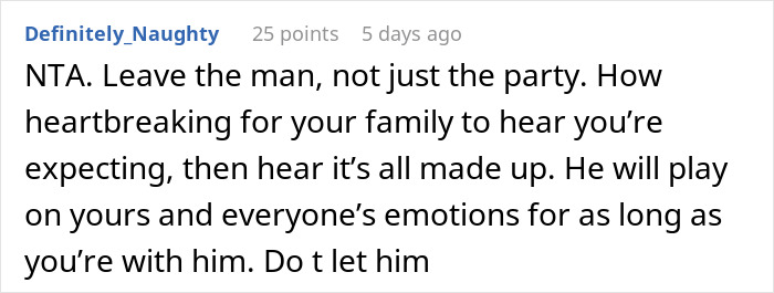 Text screenshot commenting on a woman's reaction to fiancé's fake pregnancy announcement at her birthday dinner. Text screenshot commenting on a woman's reaction to fiancé's fake pregnancy announcement at her birthday dinner.
