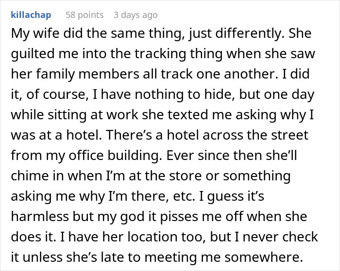Man discusses his wife's secret monitoring of his spending and phone activities after feeling pressured into location tracking. Man discusses his wife's secret monitoring of his spending and phone activities after feeling pressured into location tracking.