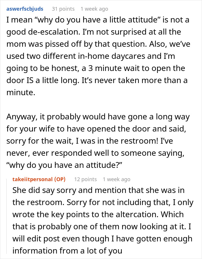 Text exchange discussing a pregnant wife's response to daycare wait time, focusing on childcare communication. Text exchange discussing a pregnant wife's response to daycare wait time, focusing on childcare communication.