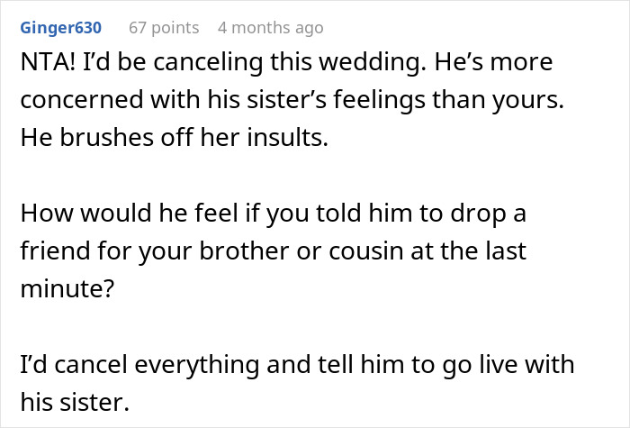 Comment discussing wedding concerns due to fiancé siding with his bullying sister. Comment discussing wedding concerns due to fiancé siding with his bullying sister.